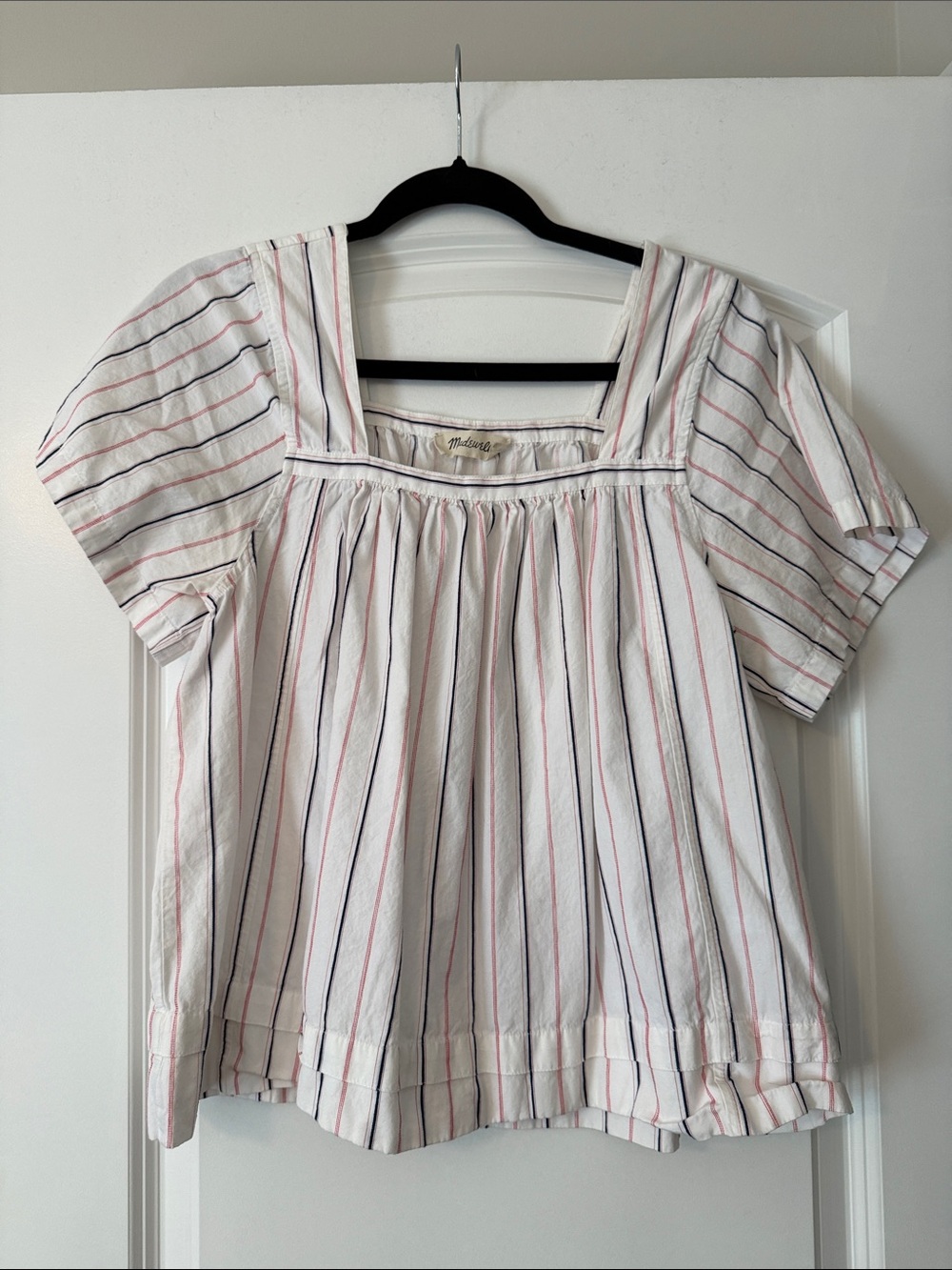 Madewell White Cotton Square-Yoke Striped Peasant Top